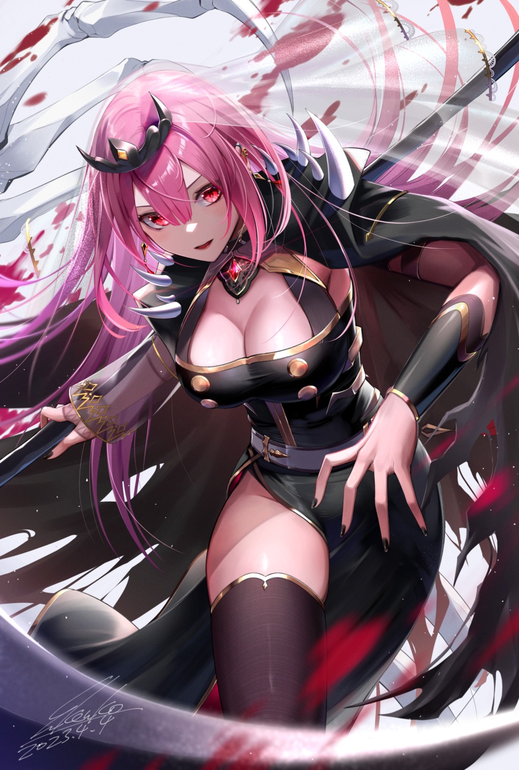 hololive hololive_english kenko_(a143016) mori_calliope no_bra thighhighs