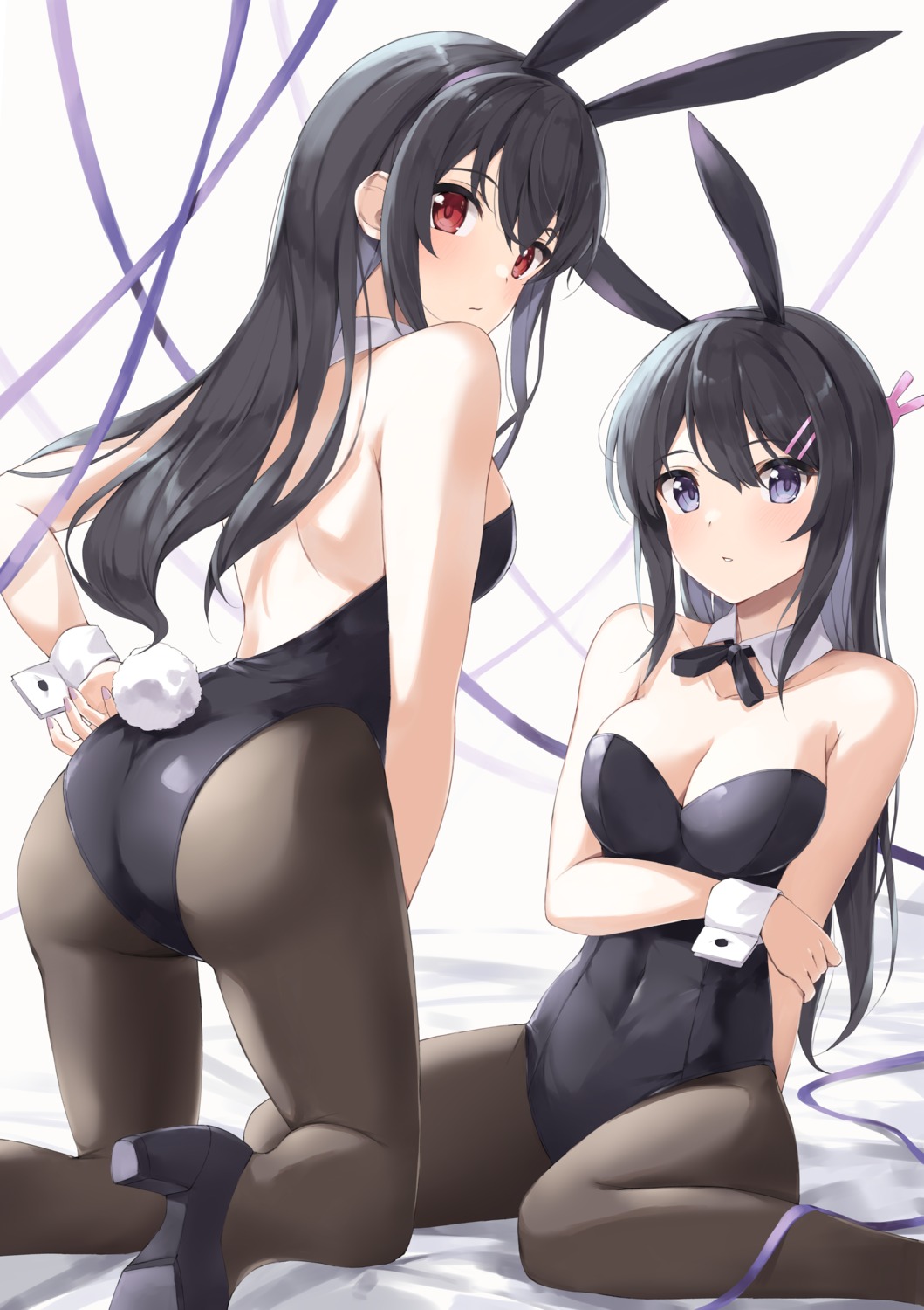 animal_ears ass bunny_ears bunny_girl crossover heels kasumigaoka_utaha marie_(pixiv31942978) no_bra pantyhose saenai_heroine_no_sodatekata sakurajima_mai seishun_buta_yarou tail