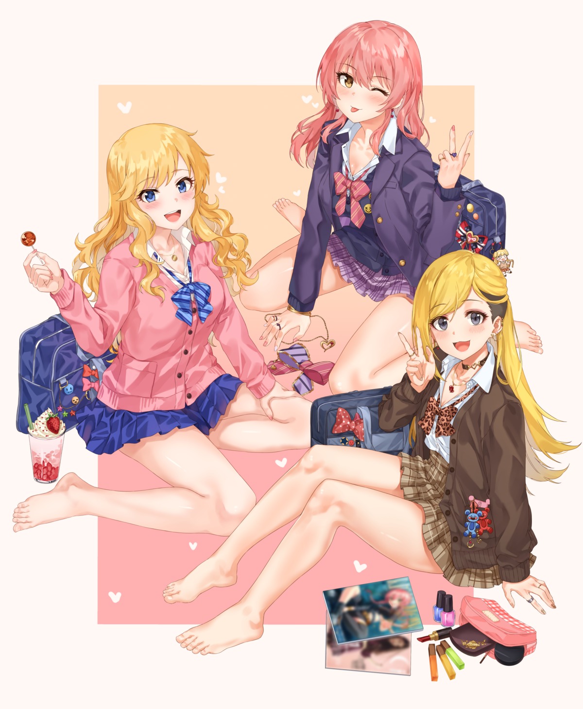 chibi cleavage feet fujimoto_rina jougasaki_mika ootsuki_yui seifuku sirurabbit skirt_lift sweater the_idolm@ster the_idolm@ster_cinderella_girls