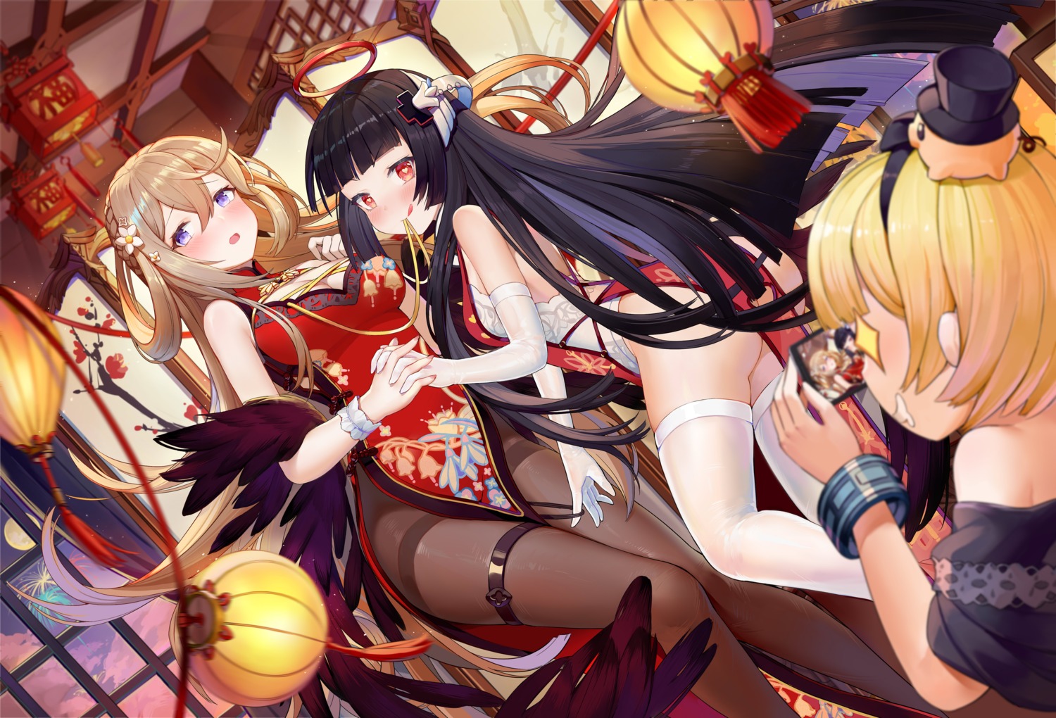 asian_clothes ass boku_koyuki_mx breast_hold chinadress cleavage garter no_bra nopan pantyhose see_through skirt_lift the_dream_of_doomsday thighhighs yuri