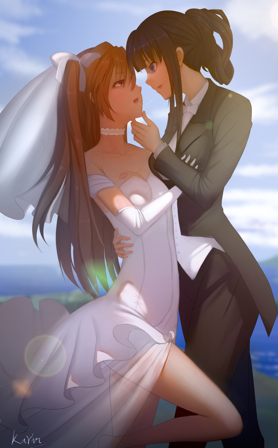 baliu cleavage crossdress dress ogiso_setsuna see_through touma_kazusa wedding_dress white_album yuri