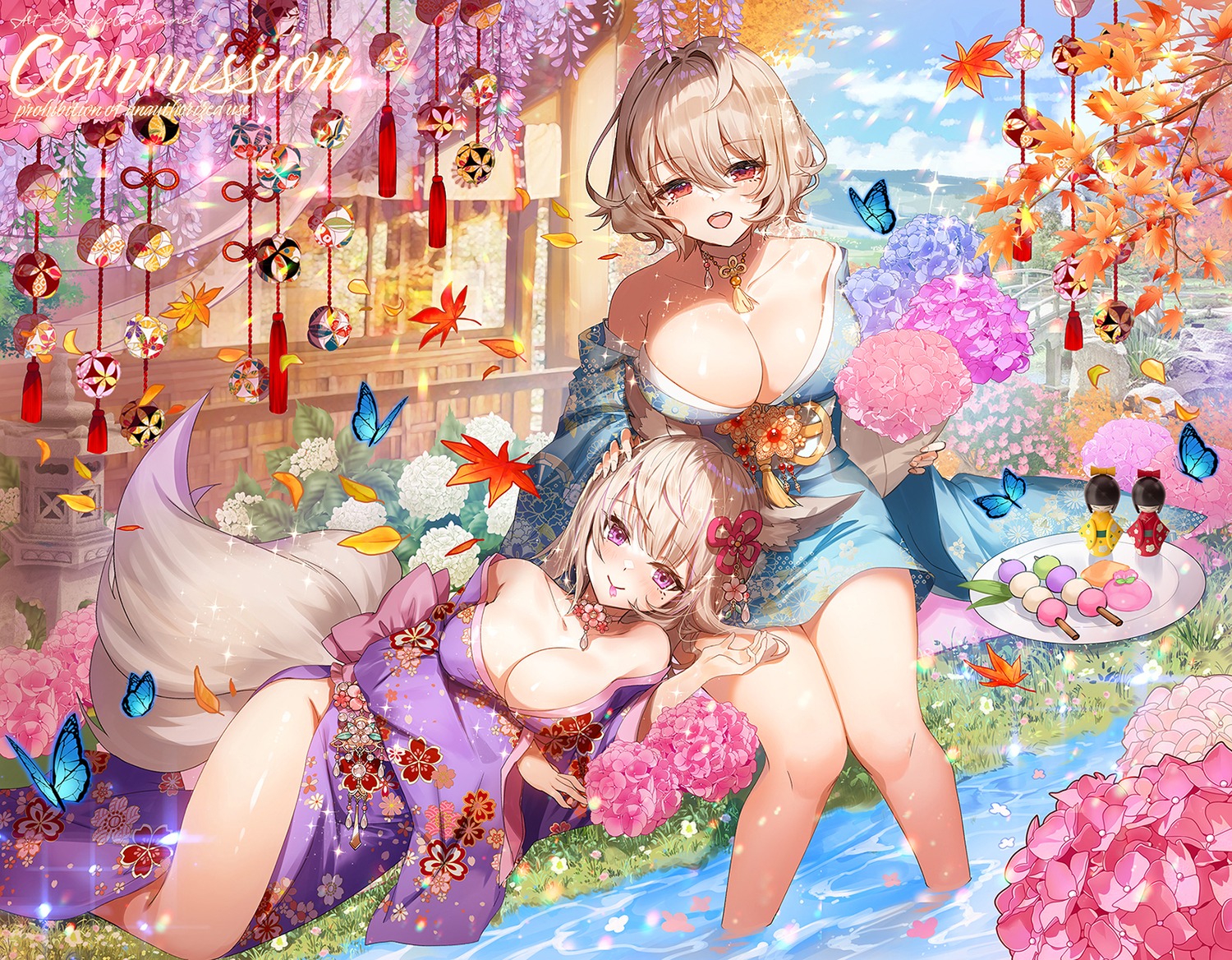 animal_ears apple_caramel japanese_clothes no_bra open_shirt tail wet