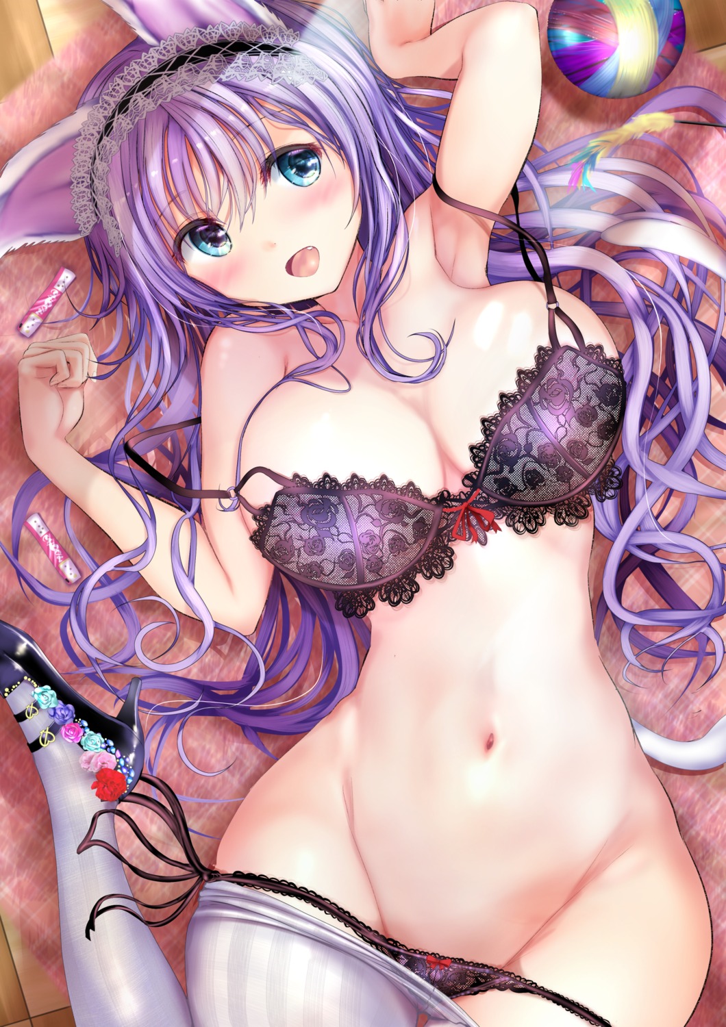 animal_ears bra heels lingerie ogata_tei pantsu panty_pull pantyhose string_panties