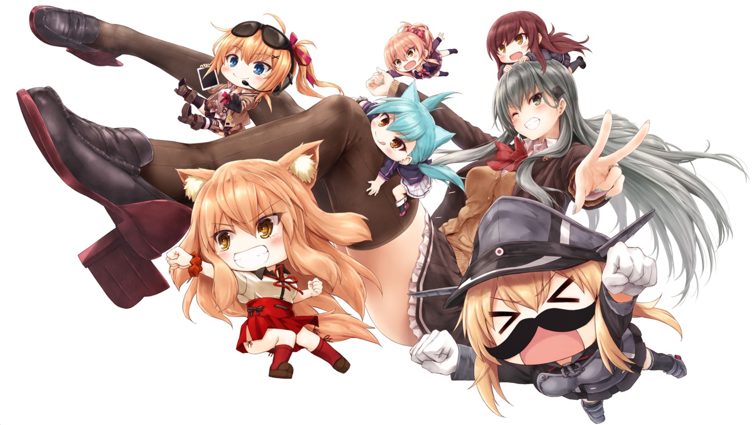 animal_ears aoba_(azur_lane) azur_lane chibi crossover fate/grand_order girls_frontline headphones heels jougasaki_mika kalina_(girls_frontline) kantai_collection megane ootori_amane prinz_eugen_(kancolle) seifuku strawberry_panic suien suzuka_gozen_(fate/grand_order) suzuya_(kancolle) tail the_idolm@ster the_idolm@ster_cinderella_girls thighhighs