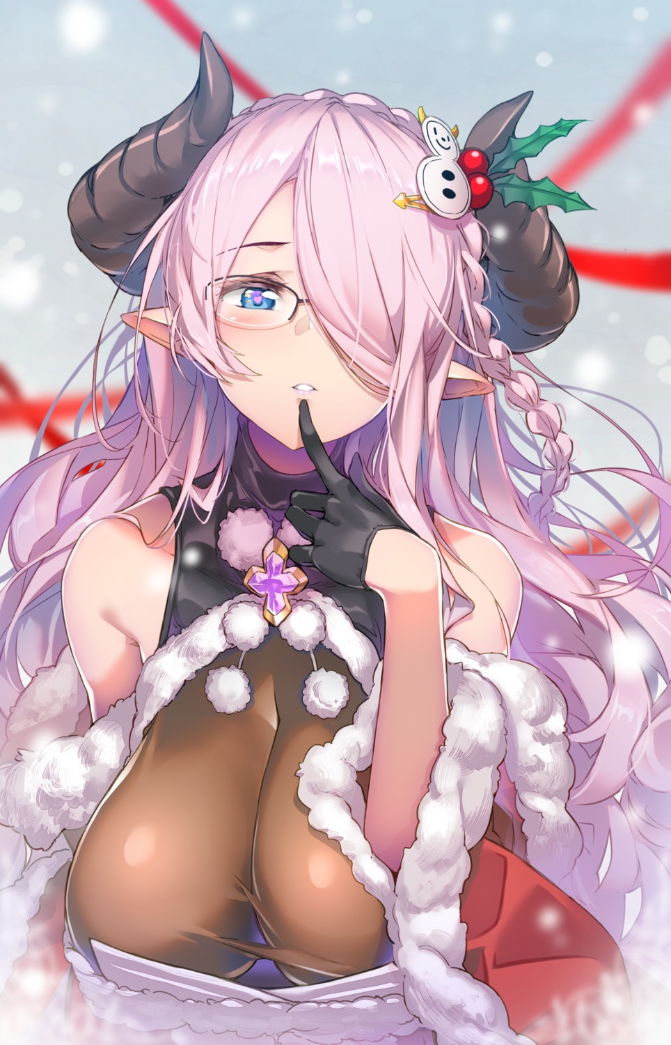 christmas granblue_fantasy hong_(white_spider) horns megane narumeia_(granblue_fantasy) no_bra pointy_ears see_through