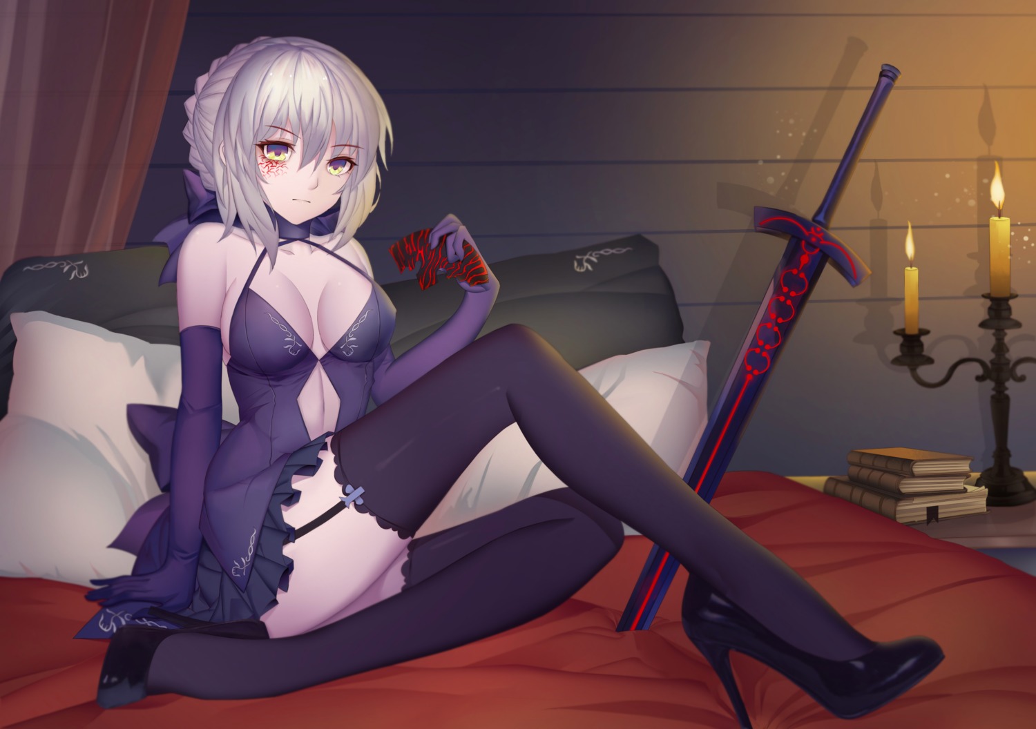 cleavage dress fate/grand_order heels magician_(china) no_bra saber saber_alter stockings sword tattoo thighhighs