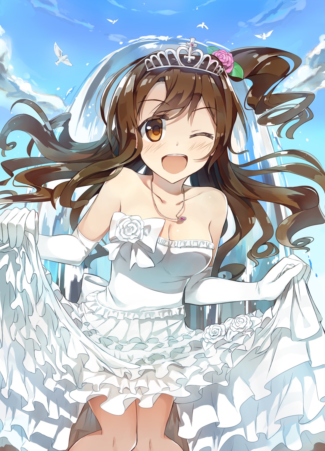 cleavage dress seneto shimamura_uzuki skirt_lift the_idolm@ster the_idolm@ster_cinderella_girls wedding_dress