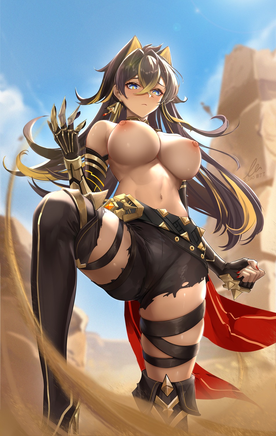 armor dehya garter genshin_impact heels liu_liaoliao nipples thighhighs topless torn_clothes