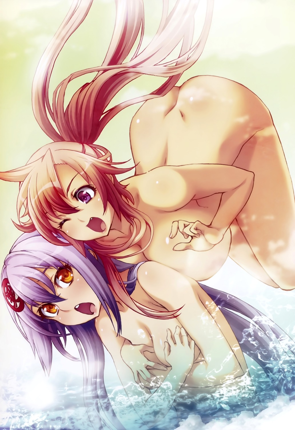 ass breast_hold hyakka_ryouran_samurai_girls naked naoe_kanetsugu naoe_kanetsugu_(hyakka_ryouran) niθ onsen wet yagyuu_juubei_(hyakka_ryouran) yagyuu_juubei_mitsuyoshi