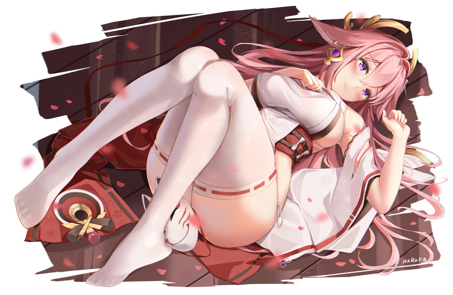 animal_ears feet genshin_impact haruka_poi japanese_clothes kitsune no_bra pantsu string_panties thighhighs yae_miko