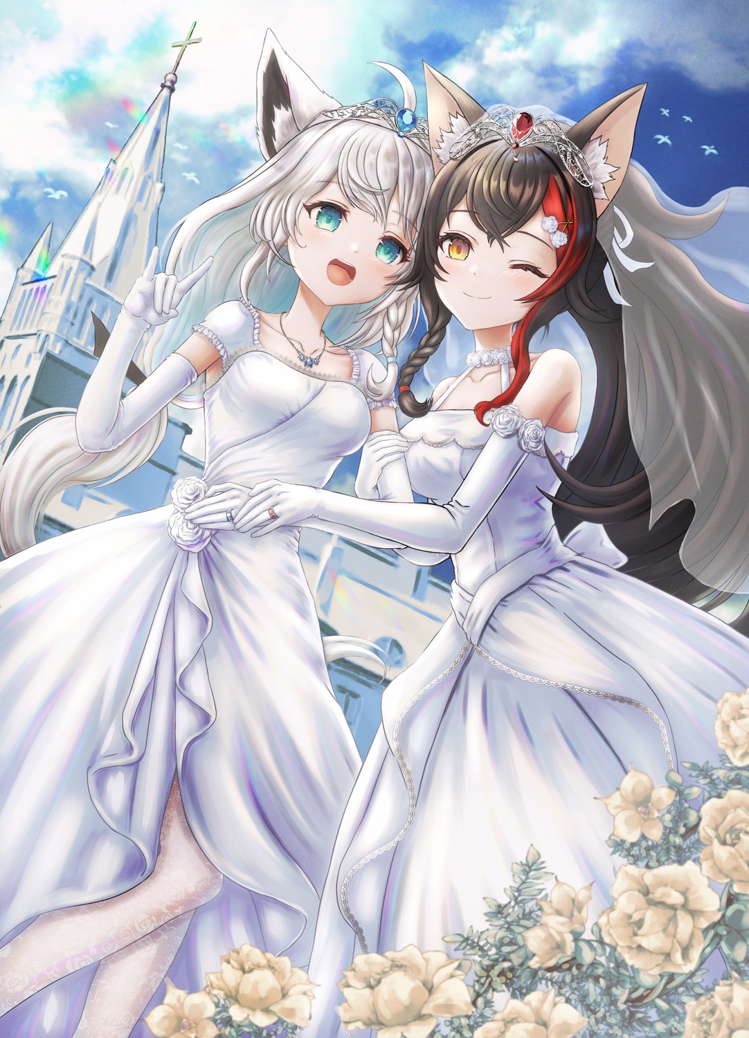 animal_ears dress hololive hololive_gamers kitsune ookami_mio shirakami_fubuki tail wajuniorbox wedding_dress