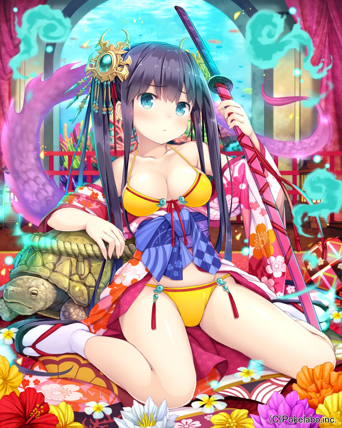 bikini cleavage namaru_(summer_dandy) open_shirt swimsuits sword yukata