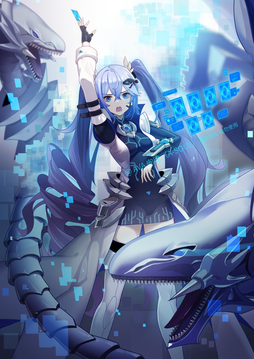a-soul ava_(a-soul) blue_eyes_white_dragon cheeky_little_star crossover dress monster pantsu see_through thighhighs yugioh