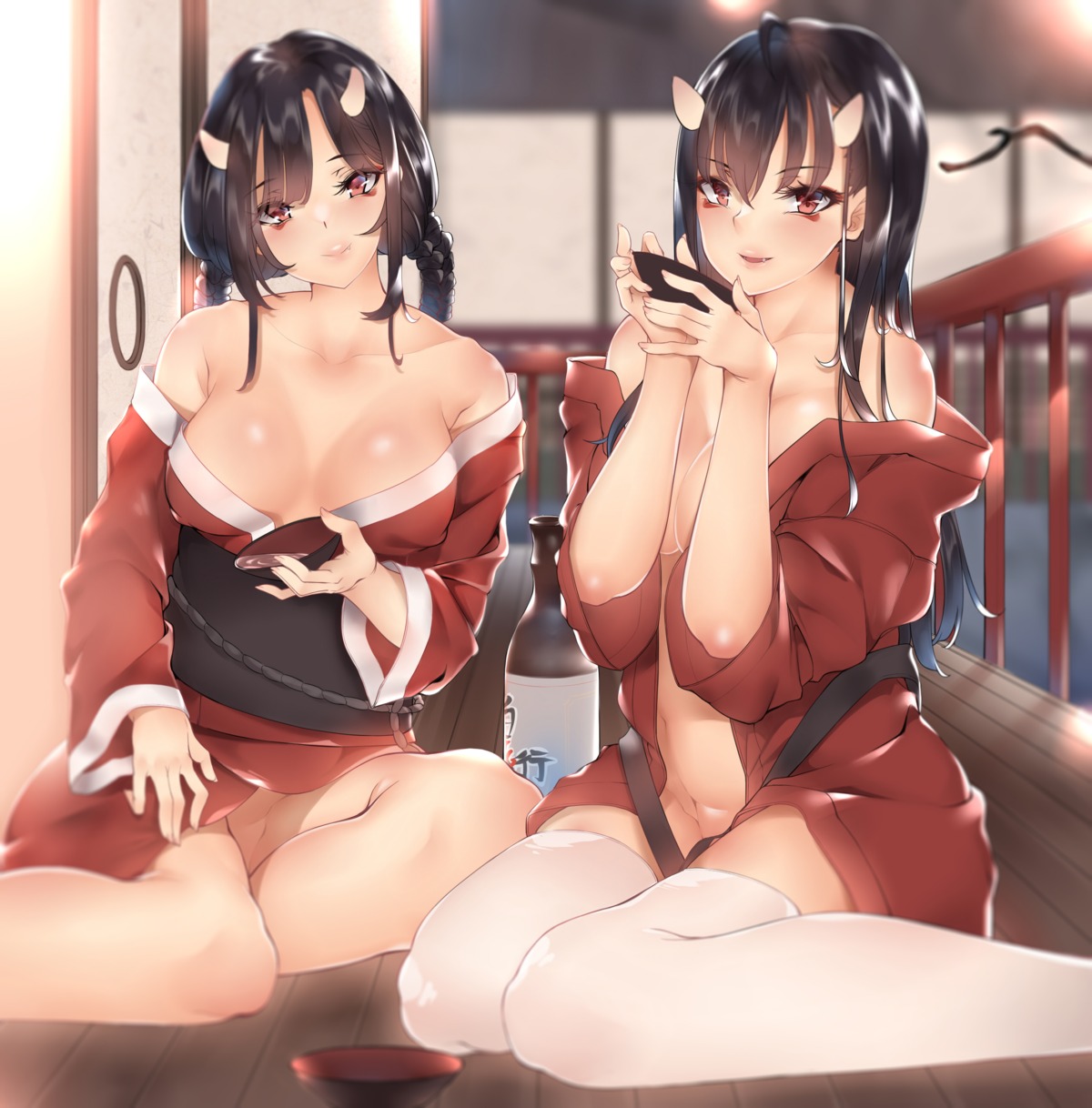 bababababan cleavage horns kimono no_bra nopan open_shirt sake thighhighs