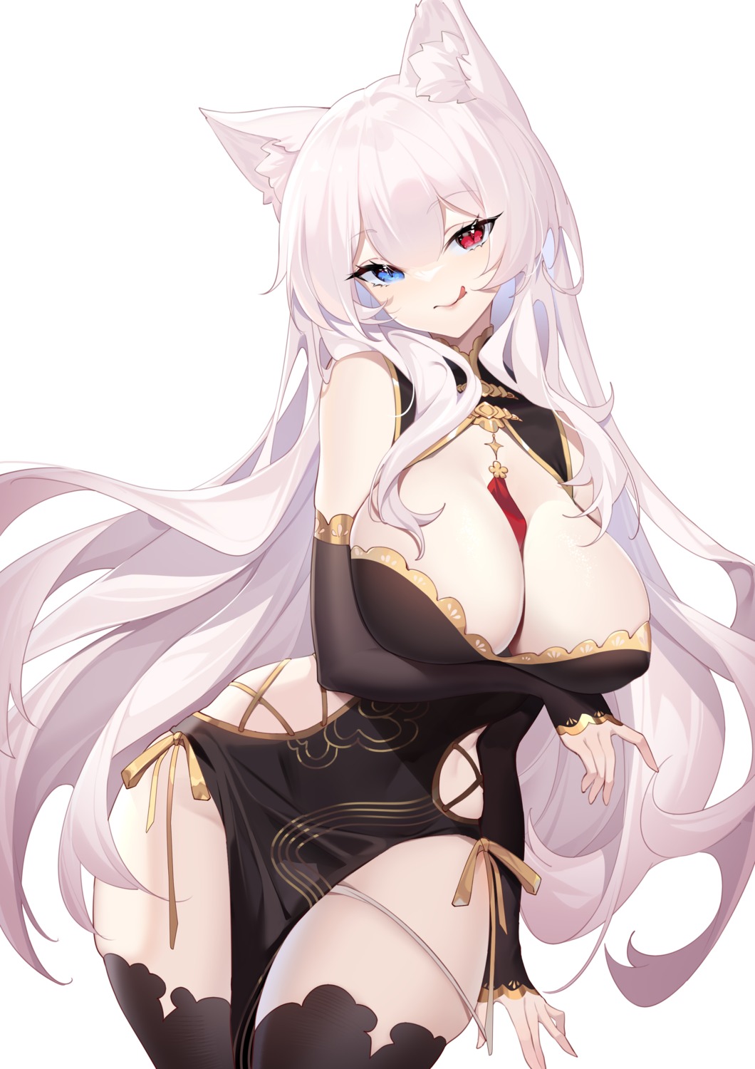 animal_ears breast_hold chinadress heterochromia nekomimi no_bra pantsu panty_pull thighhighs undressing