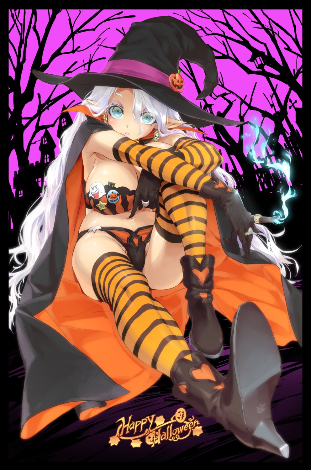 bra halloween happoubi_jin heels pantsu pointy_ears thighhighs witch