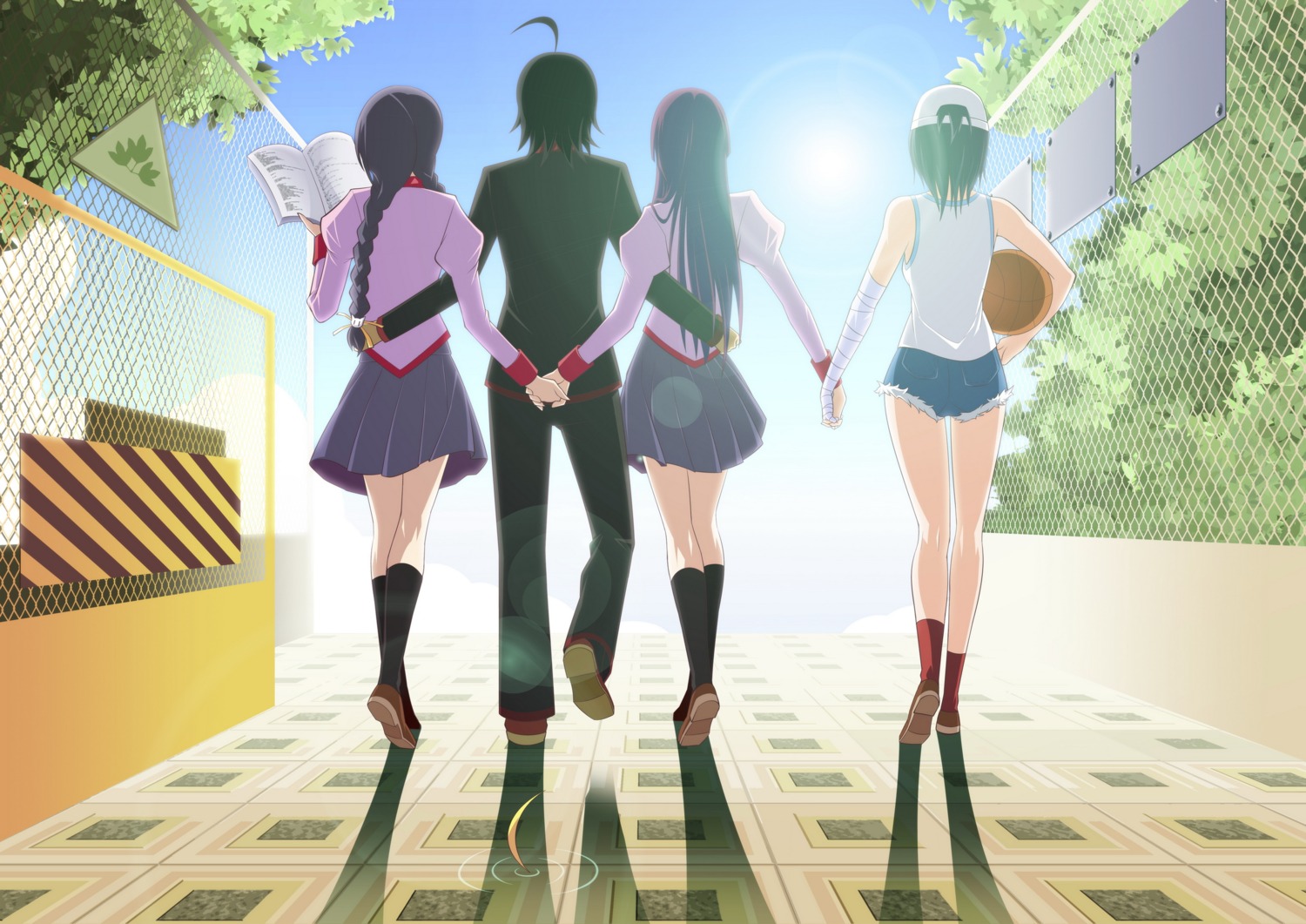 52ikaros araragi_koyomi bakemonogatari bandages hanekawa_tsubasa kanbaru_suruga monogatari_(series) nisemonogatari oshino_shinobu seifuku senjougahara_hitagi