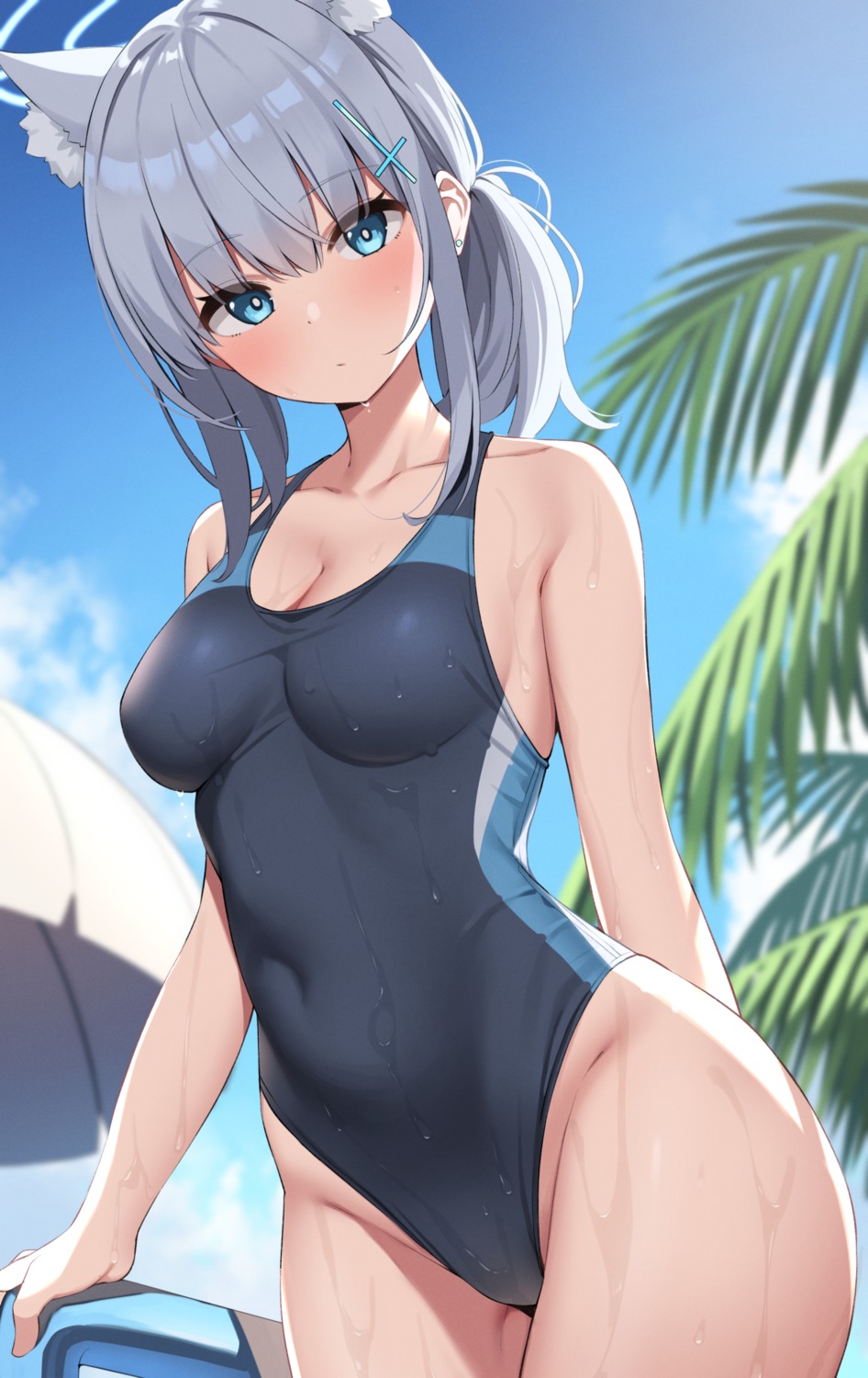 animal_ears blue_archive cleavage halo nekomimi suiroh sunaookami_shiroko swimsuits wet