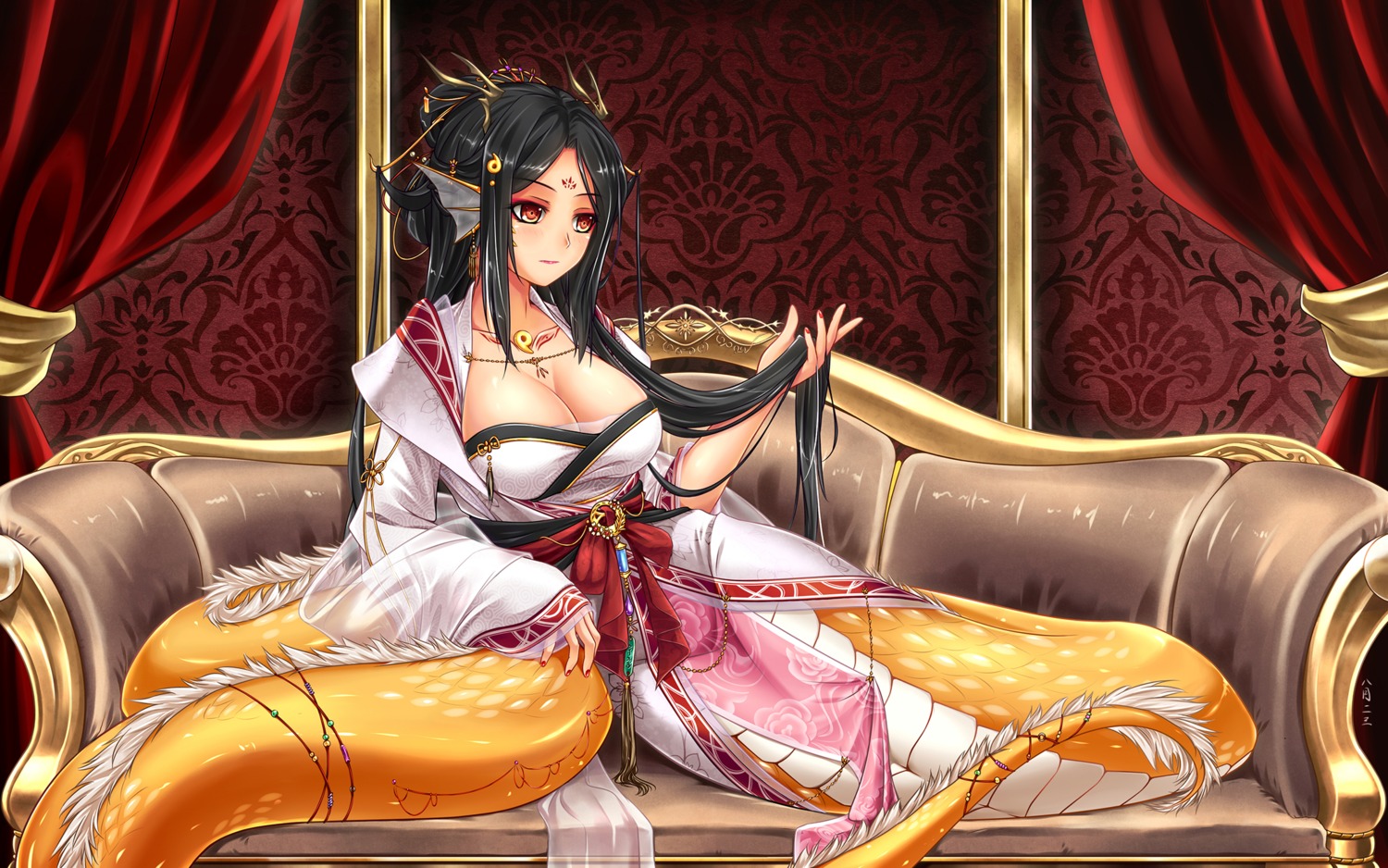 asian_clothes cleavage horns midnight monster_girl see_through tail