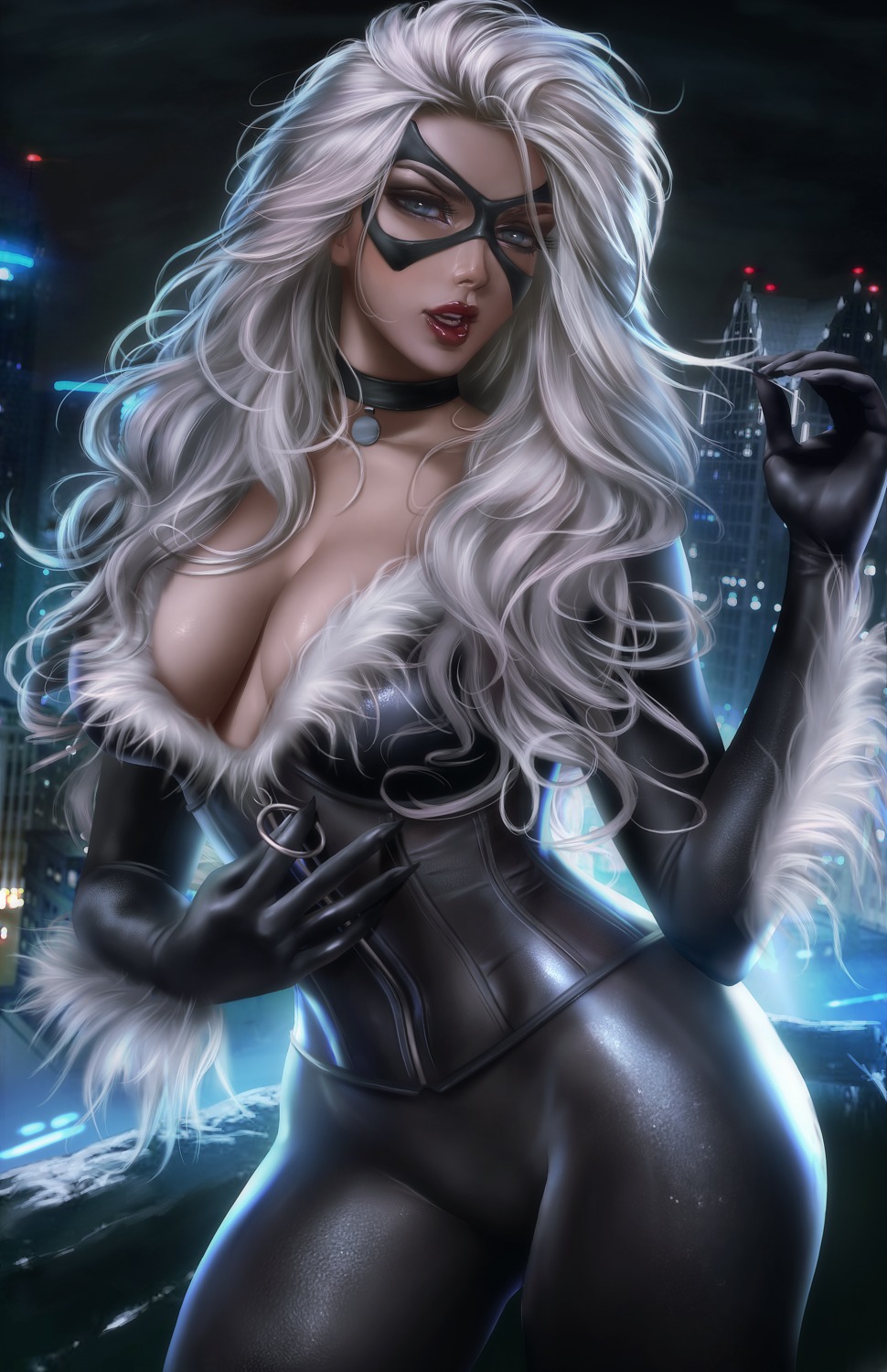 black_cat_(marvel) bodysuit cleavage felicia_hardy logan_cure marvel no_bra