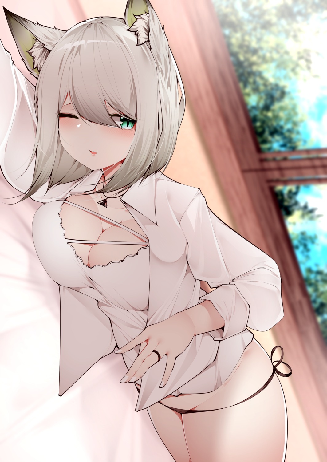 animal_ears arknights dress_shirt kal'tsit_(arknights) no_bra pantsu samip string_panties