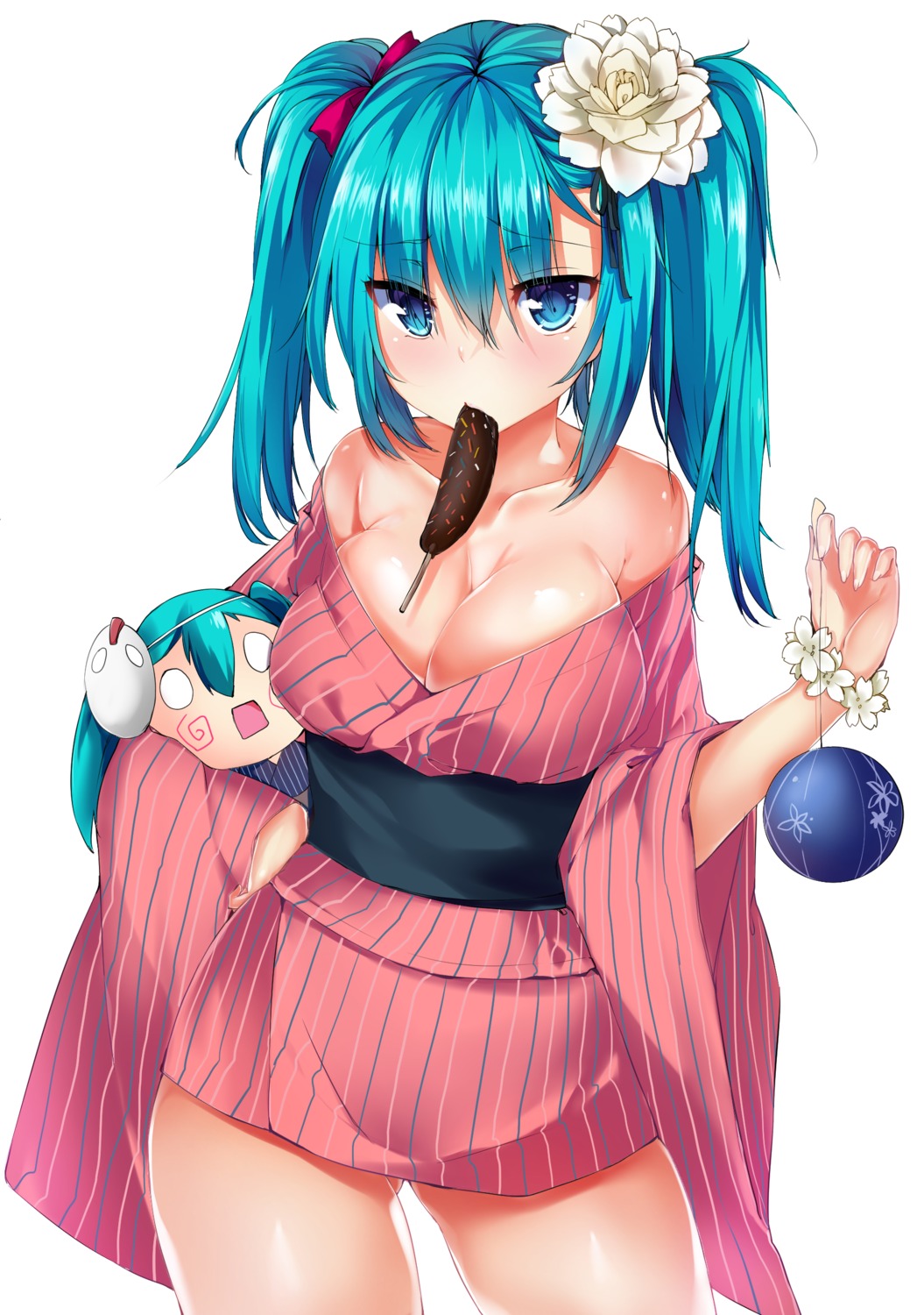 cleavage hatsune_miku open_shirt ryuuji_teitoku vocaloid yukata