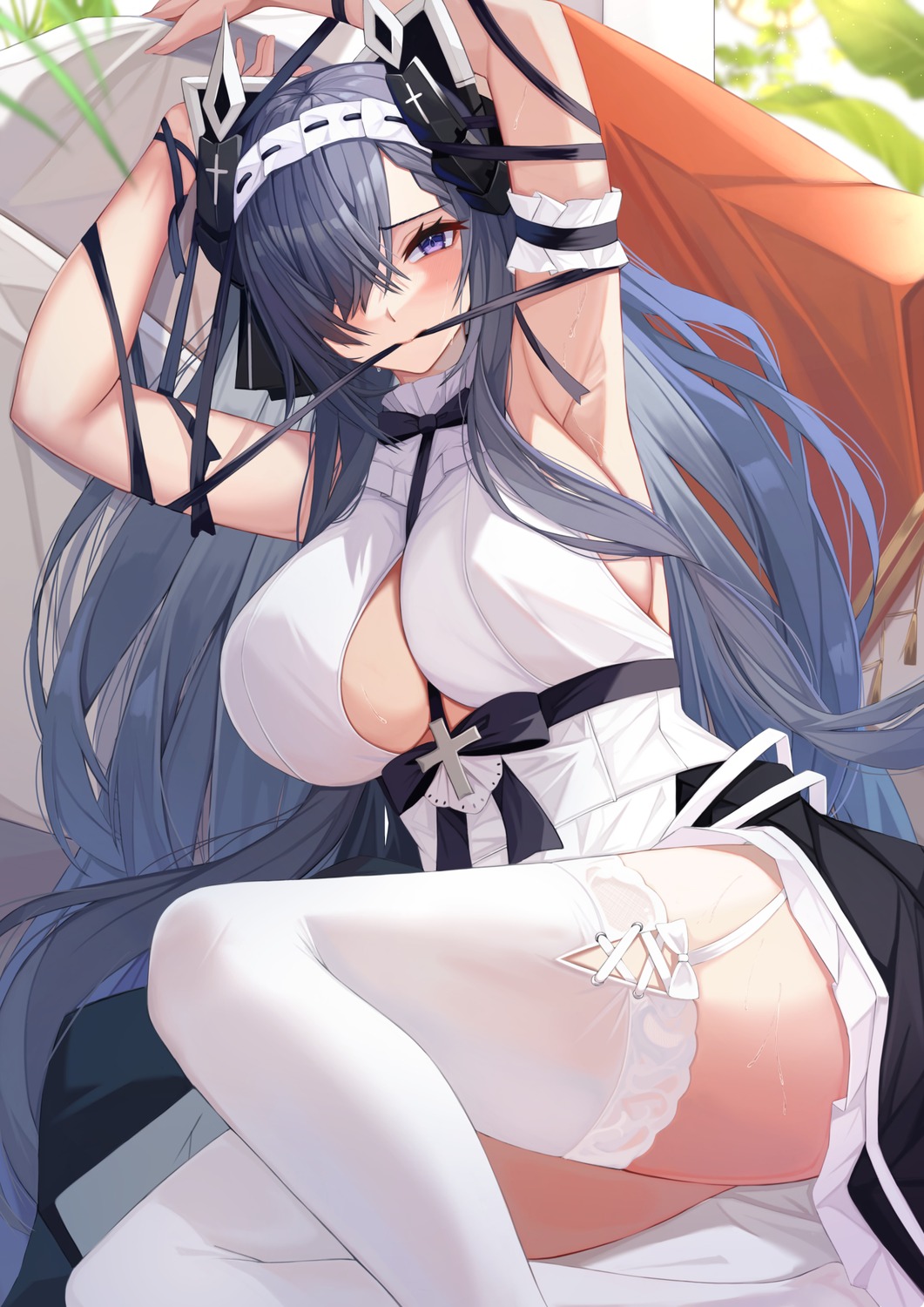 august_von_parseval_(azur_lane) azur_lane bondage horns kazuha_(saku_kn) maid no_bra skirt_lift stockings thighhighs