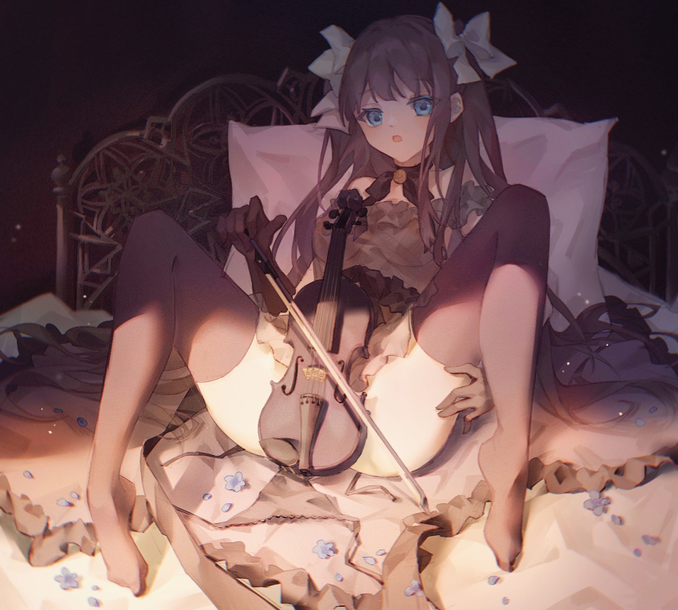 arcaea dress feet mechari nipples no_bra pantsu panty_pull see_through skirt_lift string_panties tairitsu_(arcaea) thighhighs