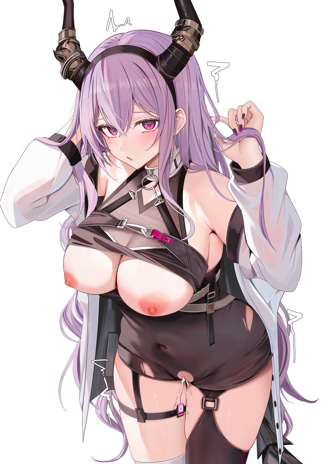 arknights horns nipples no_bra pussy pussy_juice ru_zhai stockings thighhighs torn_clothes typhon_(arknights) uncensored vibrator