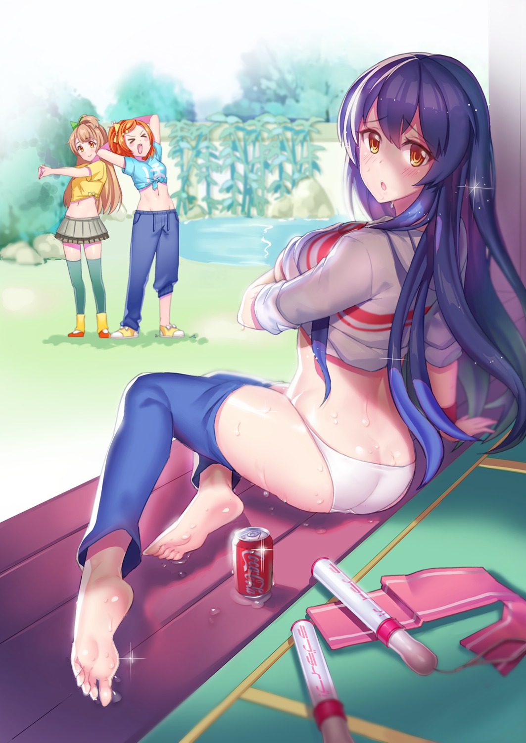 ass breast_hold feet fiodo kousaka_honoka love_live! minami_kotori pantsu shirt_lift sonoda_umi thighhighs undressing wet