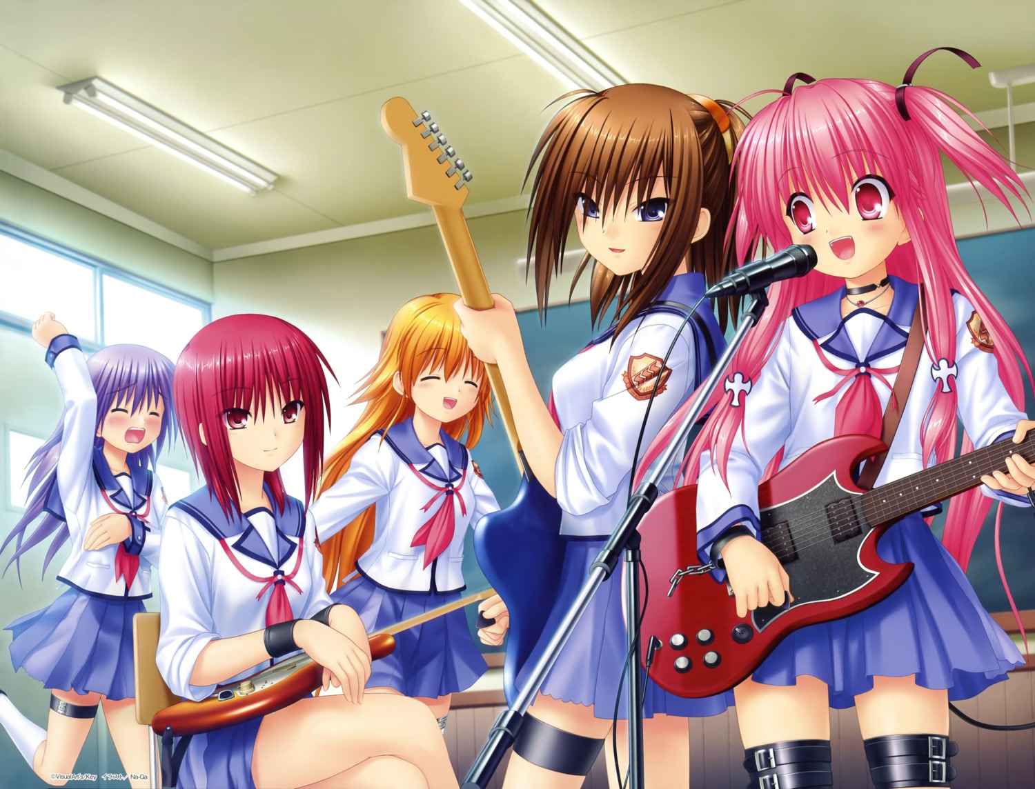 angel_beats! fuchita_hisako garter guitar irie_miyuki iwasawa_masami key na-ga seifuku sekine_shiori yoshioka_yui