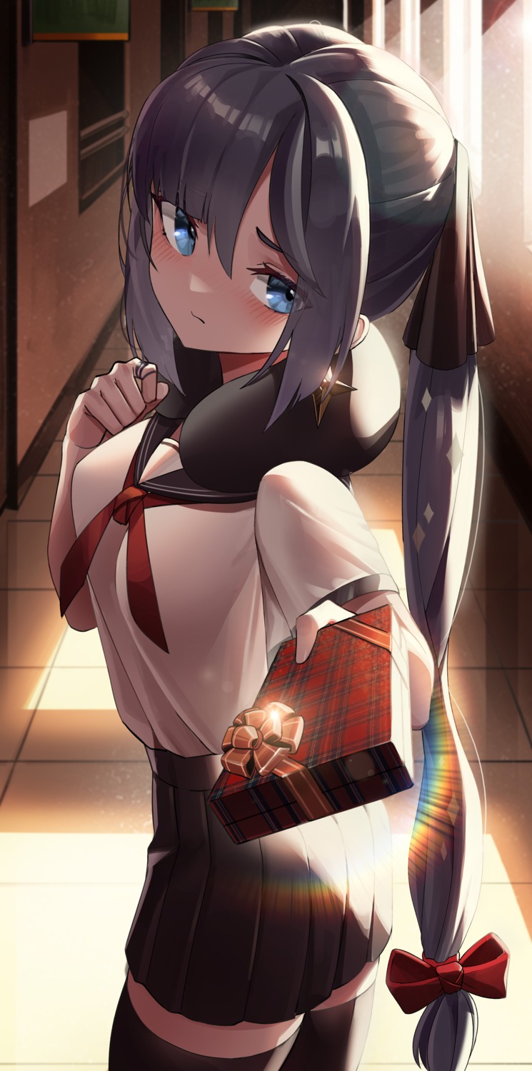 genshin_impact jsih mona_megistus seifuku thighhighs valentine