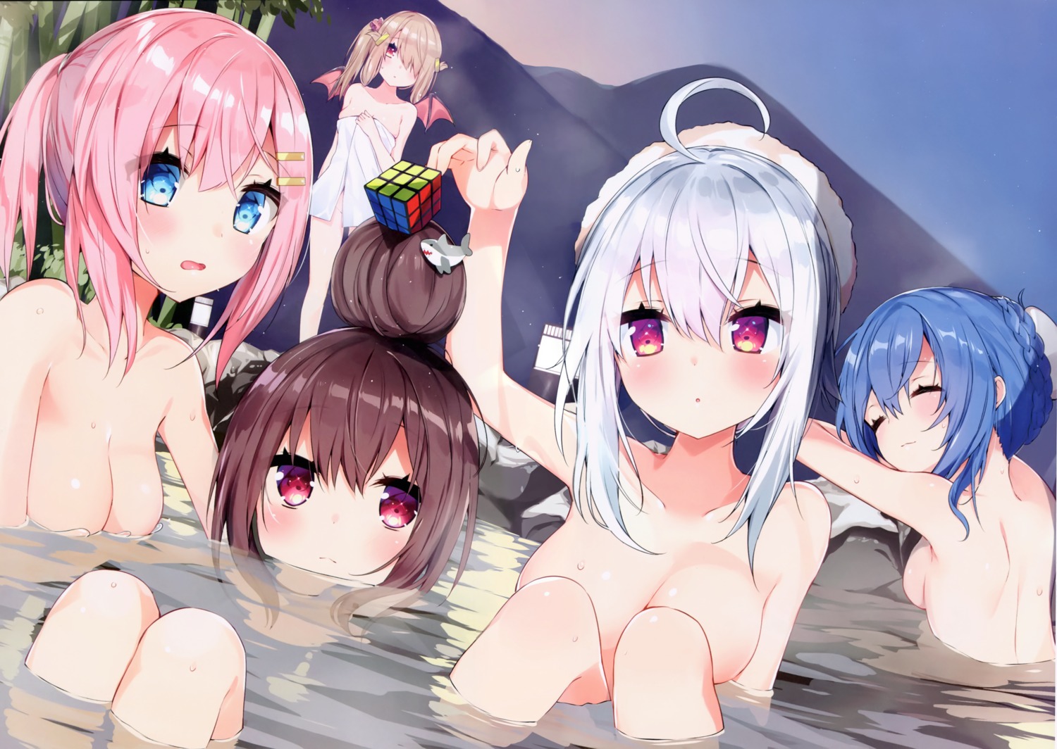 bathing breast_hold kamioka_chiroru naked onsen towel wet wings