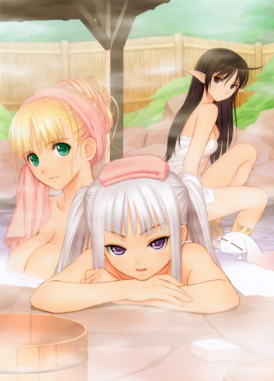 clalaclan_philias cleavage elf houmei naked onsen pointy_ears shining_tears shining_wind shining_world tony_taka towel watermark xecty_ein