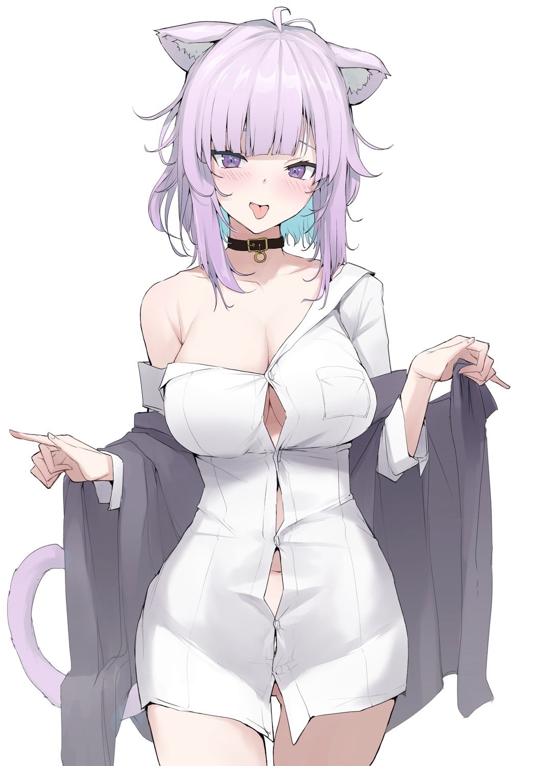 animal_ears bottomless dress_shirt hololive hololive_gamers mitsuru_(pixiv_34028718) nekomata_okayu nekomimi no_bra open_shirt tail