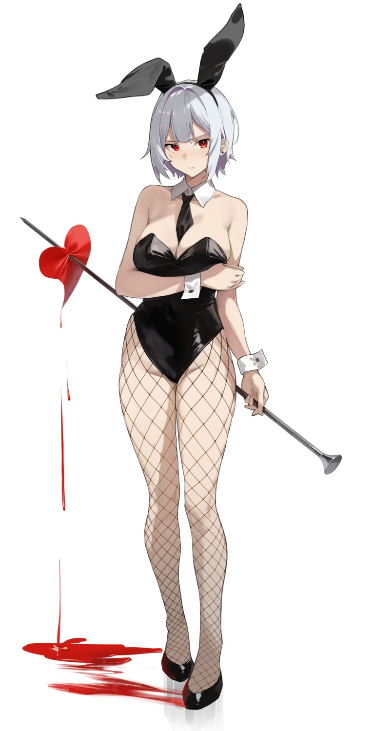 animal_ears blood breast_hold bunny_ears bunny_girl cleavage fishnets heels no_bra pantyhose star741 weapon