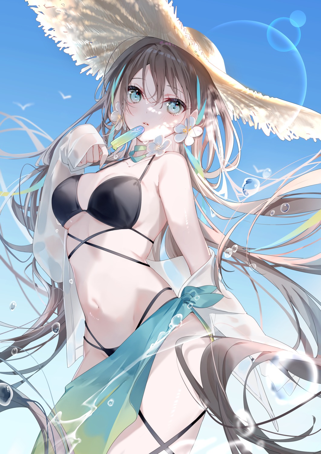 bikini garter miwano_ragu open_shirt see_through swimsuits wet wet_clothes