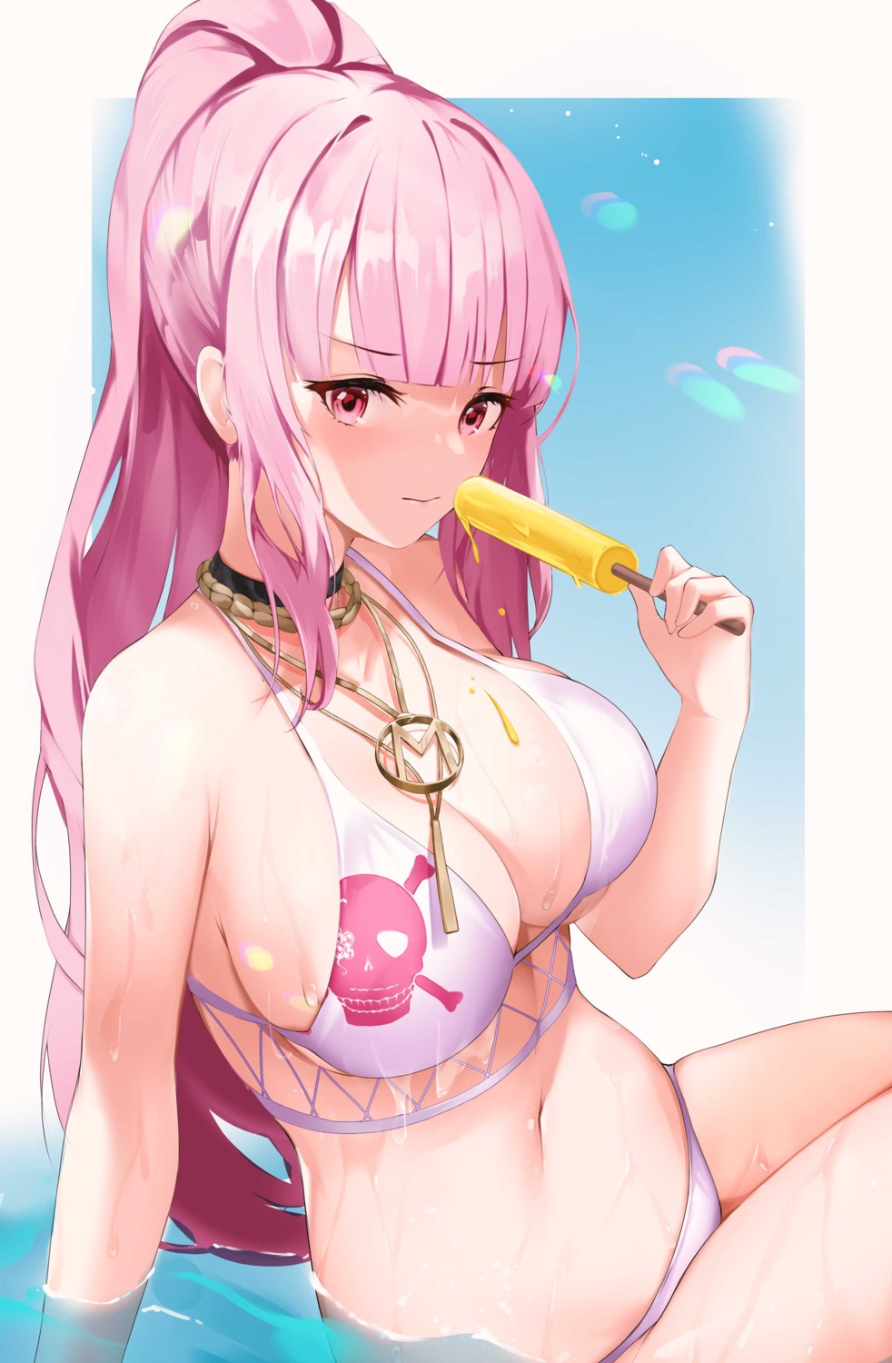 bikini cream hololive hololive_english mori_calliope swimsuits tagme wet