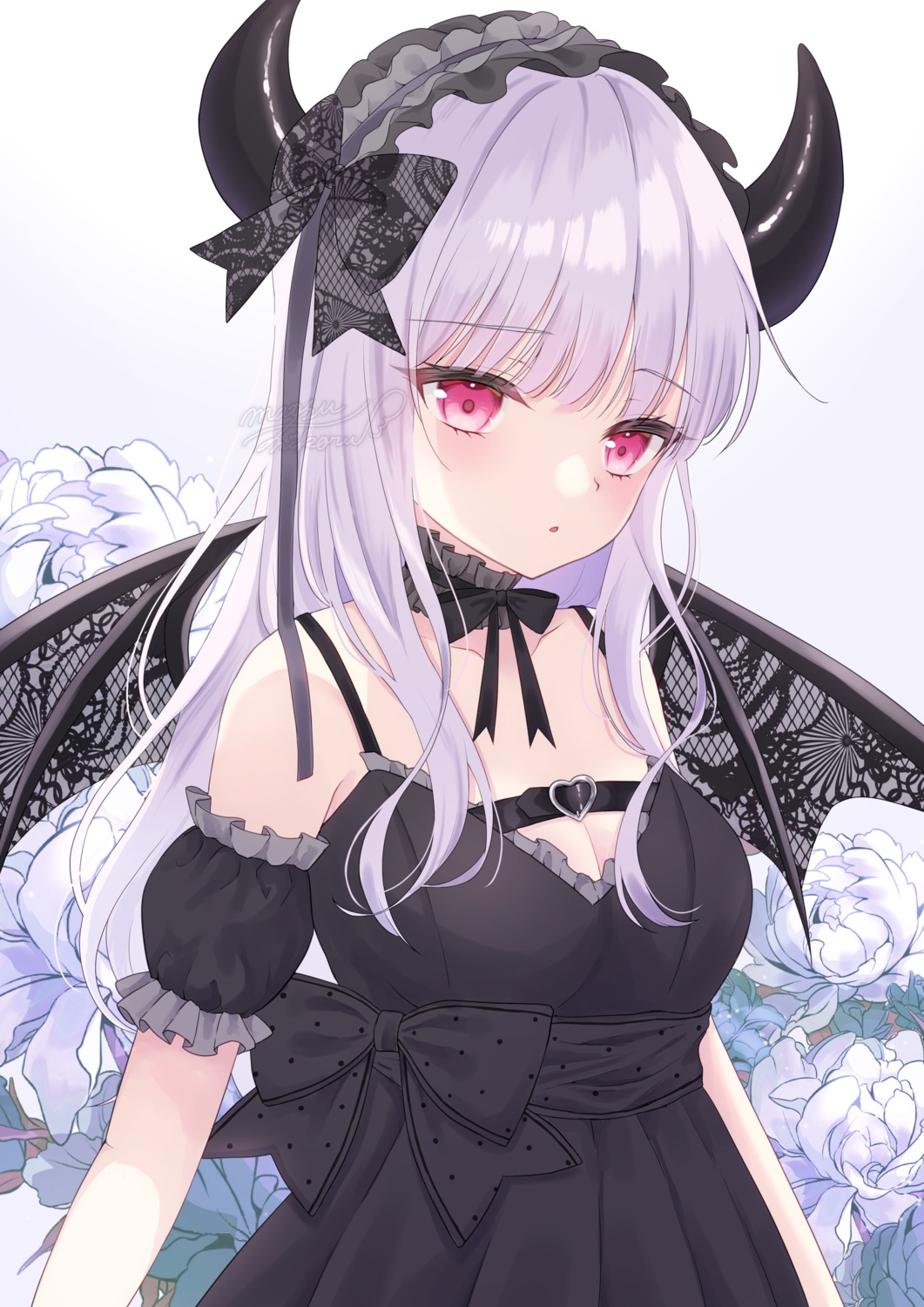 cleavage dress gothic_lolita horns lolita_fashion murur_(matsumikoru) no_bra official_watermark wings
