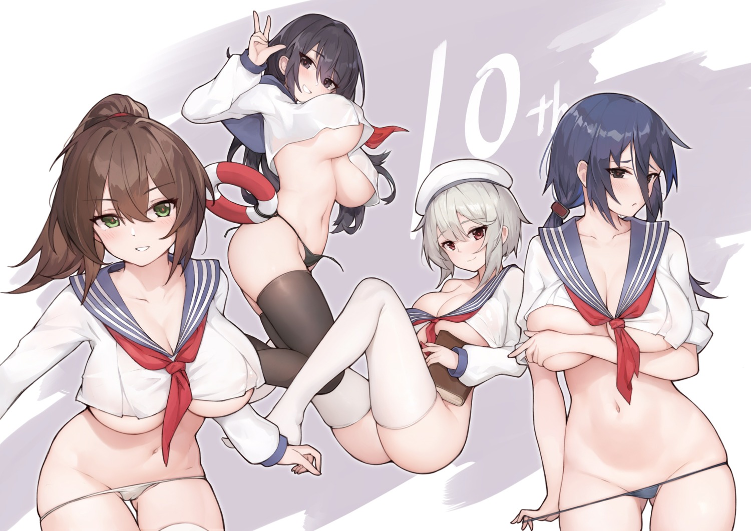 akatsuki_(zhanjianshaonv) cameltoe hibiki_(zhanjianshaonv) no_bra nopan pantsu panty_pull seifuku stmast string_panties thighhighs undressing verniy_(zhanjianshaonv) zhanjianshaonv