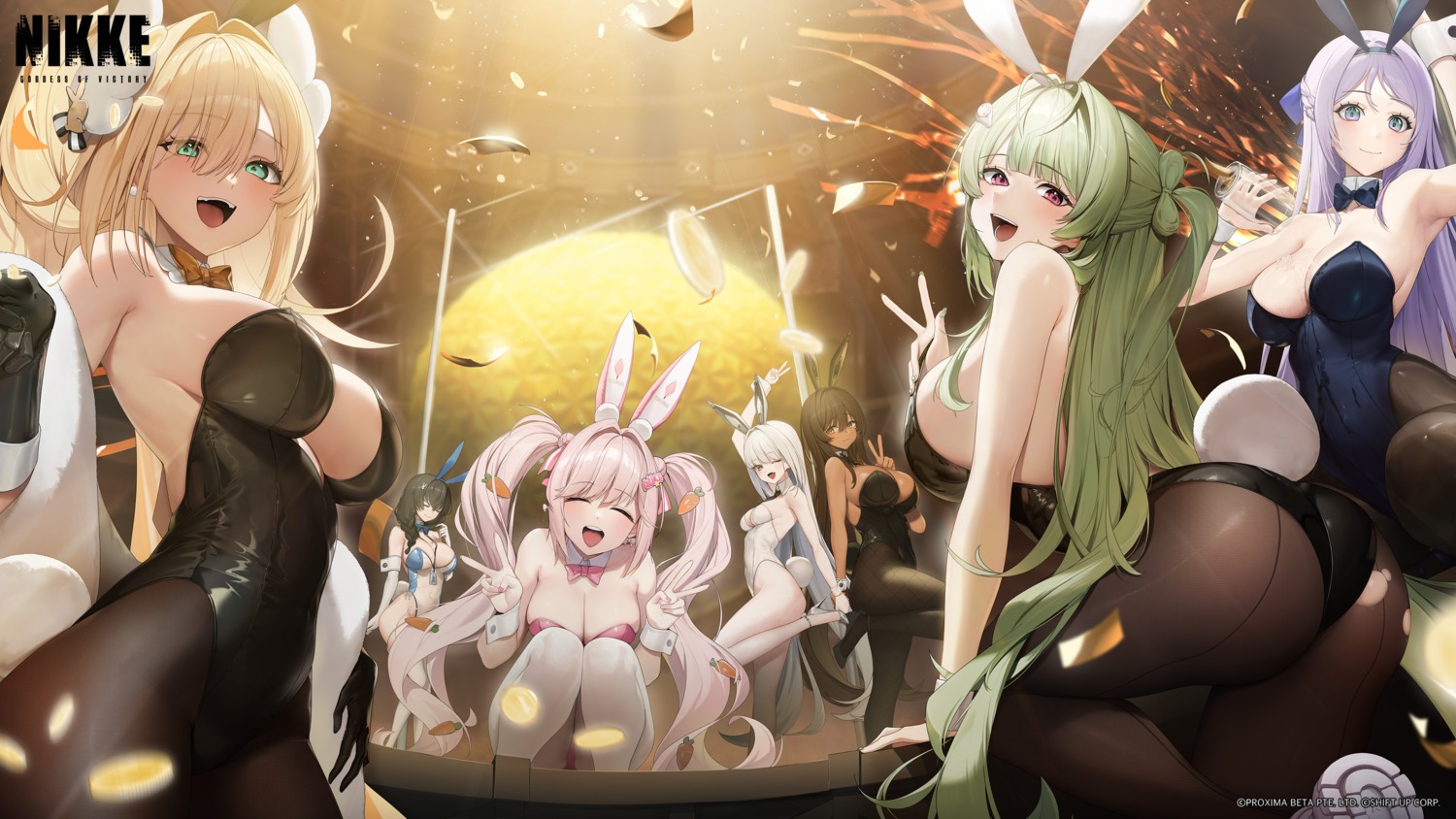 alice_(nikke) animal_ears ass blanc_(nikke) bunny_ears bunny_girl fishnets folkwang_(nikke) goddess_of_victory:_nikke heels jam_(nandade) mary_(nikke) no_bra noir_(nikke) pantyhose rupee_(nikke) see_through soda_(nikke) tail thighhighs torn_clothes wallpaper wet