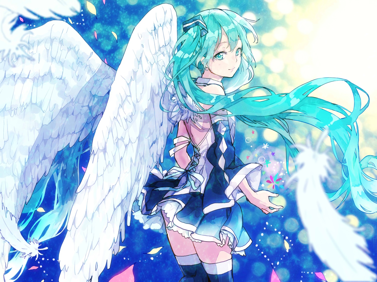 hatsune_miku pomu skirt_lift thighhighs vocaloid wings