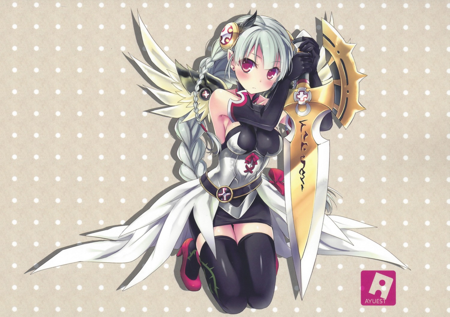 ayuest ayuya overfiltered princess_valkyrie puzzle_&_dragons sword thighhighs wings