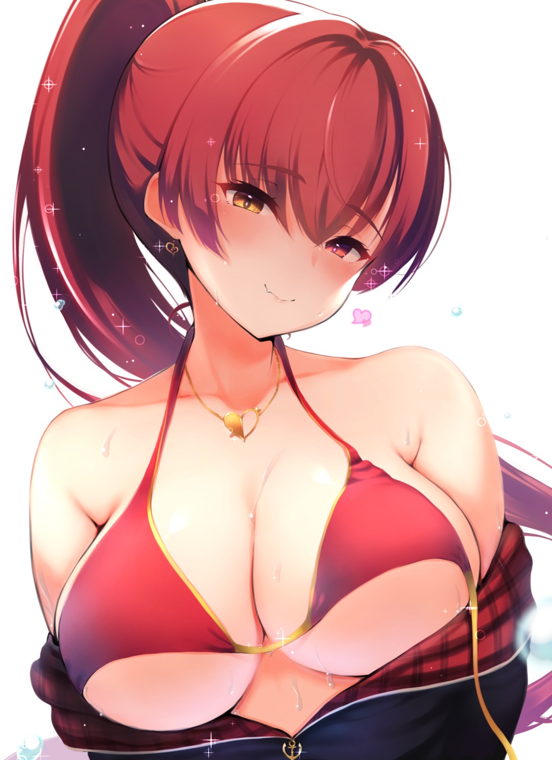 bikini_top heterochromia hololive houshou_marine masaoka_misaki open_shirt swimsuits wardrobe_malfunction