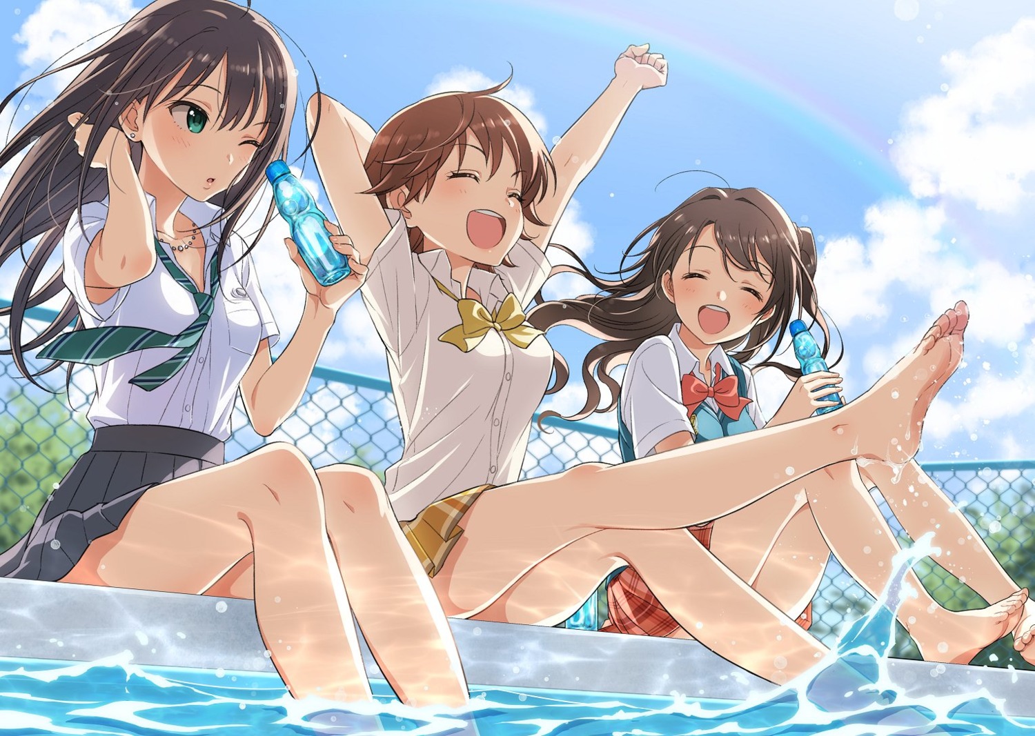 honda_mio morikura_en seifuku shibuya_rin shimamura_uzuki skirt_lift sweater the_idolm@ster the_idolm@ster_cinderella_girls wet