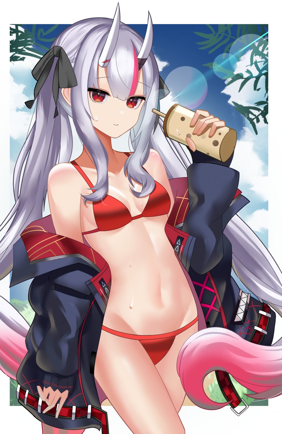 bikini hololive horns maio05321 nakiri_ayame open_shirt swimsuits