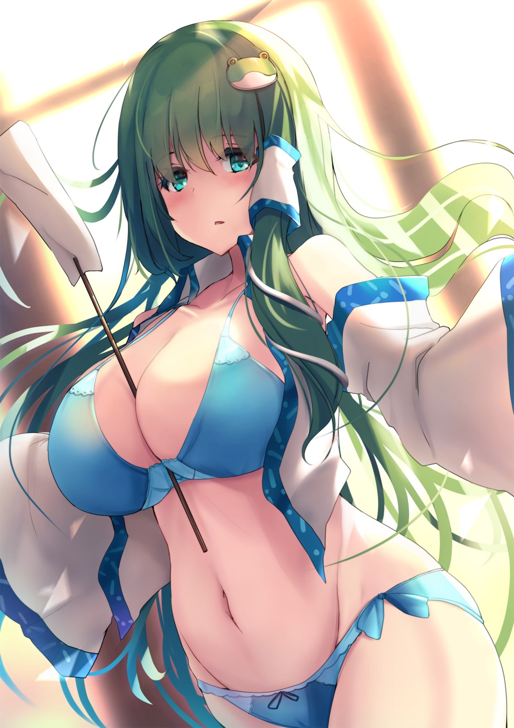 bra cameltoe cleavage kochiya_sanae liya open_shirt pantsu touhou