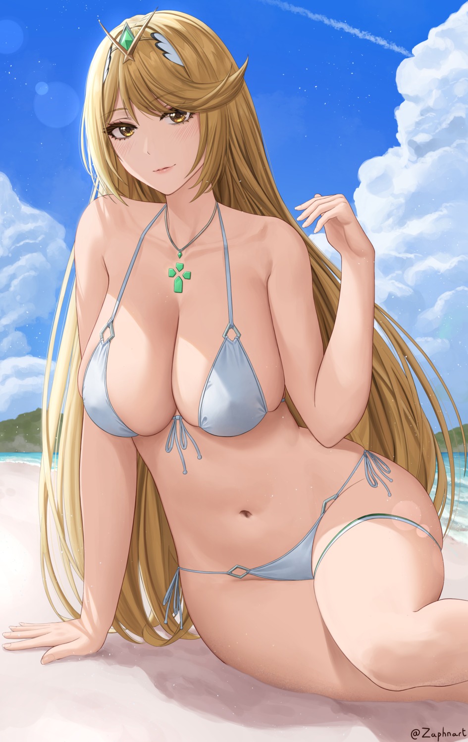 bikini erect_nipples garter hikari_(xenoblade_2) official_watermark swimsuits xenoblade xenoblade_chronicles_2 zaphn