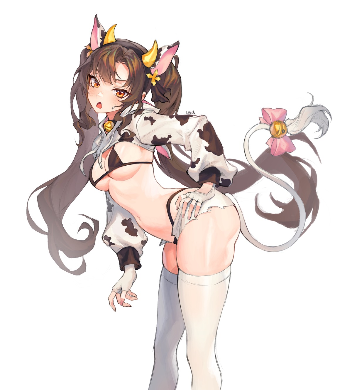 animal_ears bikini horns lilithmy lily_bloomerchen soul_worker swimsuits tail thighhighs torn_clothes