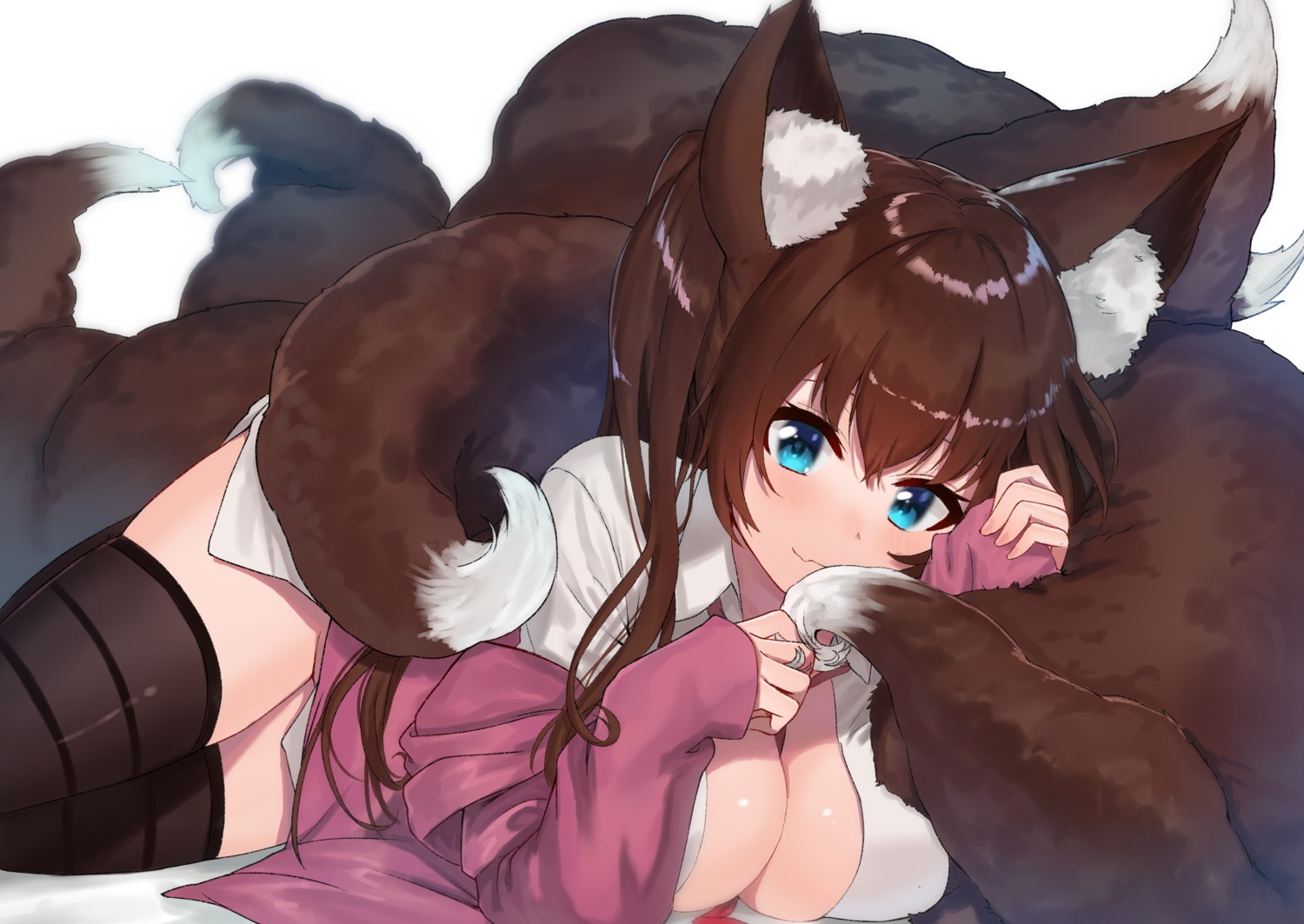 animal_ears ayul_(ayulneri_92) cleavage kitsune no_bra open_shirt plushmallow seifuku tail thighhighs